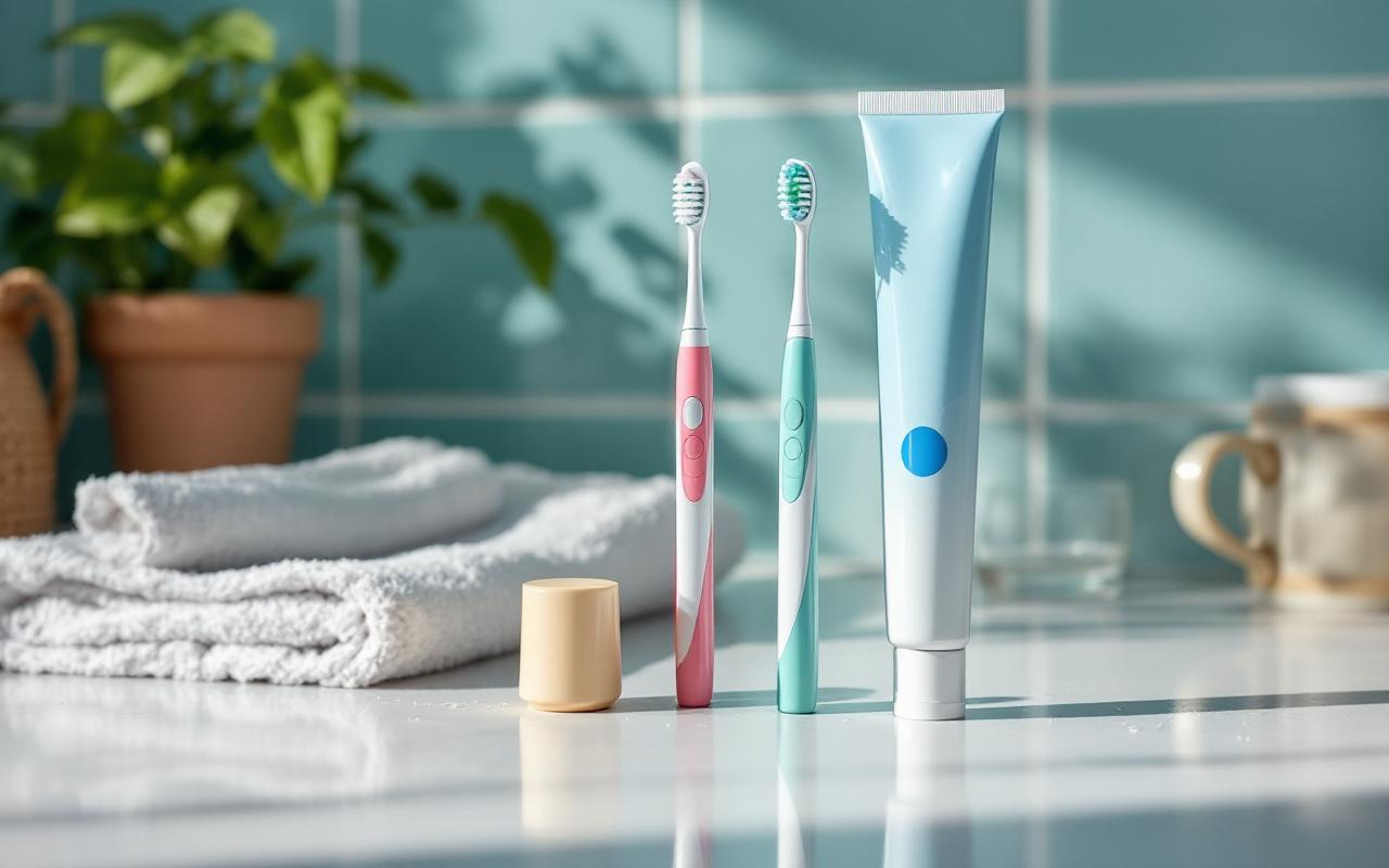 Photo r&eacute;aliste d'une brossette interdentaire et d'un fil dentaire pos&eacute;s pr&egrave;s d'un tube de dentifrice sur un plan de salle de bains, gros plan sur les poils de la brossette et la bobine de fil, quelques gouttes d'eau, ambiance matinale douce aux tons bleus et verts.