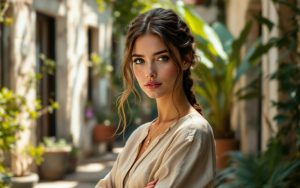 portrait-photo-dune-femme-coiffee-dun-chignon-bas-tresse-avec-quelques-meches-laches-vetue-dune-blouse-en-lin-et-assise-dans-une-cour-ensoleillee-bordee-de-plantes-lumiere-douce-de-fin-dapres