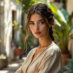 portrait-photo-dune-femme-coiffee-dun-chignon-bas-tresse-avec-quelques-meches-laches-vetue-dune-blouse-en-lin-et-assise-dans-une-cour-ensoleillee-bordee-de-plantes-lumiere-douce-de-fin-dapres