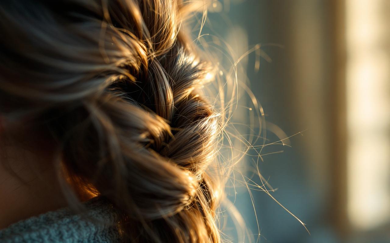 Gros plan d'une tresse queue-de-poisson mettant en valeur la texture des m&egrave;ches et les frisottis, sur un fond en lin doux, &eacute;clairage diffus chaud cr&eacute;ant des reflets dor&eacute;s avec accents bleus et verts.