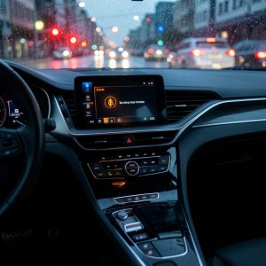 Intérieur d’une voiture en ville, tableau de bord réaliste avec un voyant d’alerte allumé, ambiance urbaine pluvieuse et reflets sur les surfaces