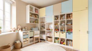 Petite chambre d’enfant lumineuse et ordonnée, avec un mobilier compact, des rangements malins et des jouets rangés proprement dans des compartiments.