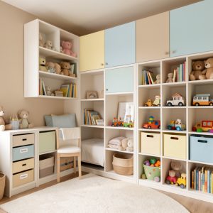 Petite chambre d’enfant lumineuse et ordonnée, avec un mobilier compact, des rangements malins et des jouets rangés proprement dans des compartiments.