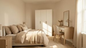 Petite chambre lumineuse et bien rangée, mobilier compact, tons clairs et ambiance chaleureuse avec la lumière naturelle qui illumine l’espace.