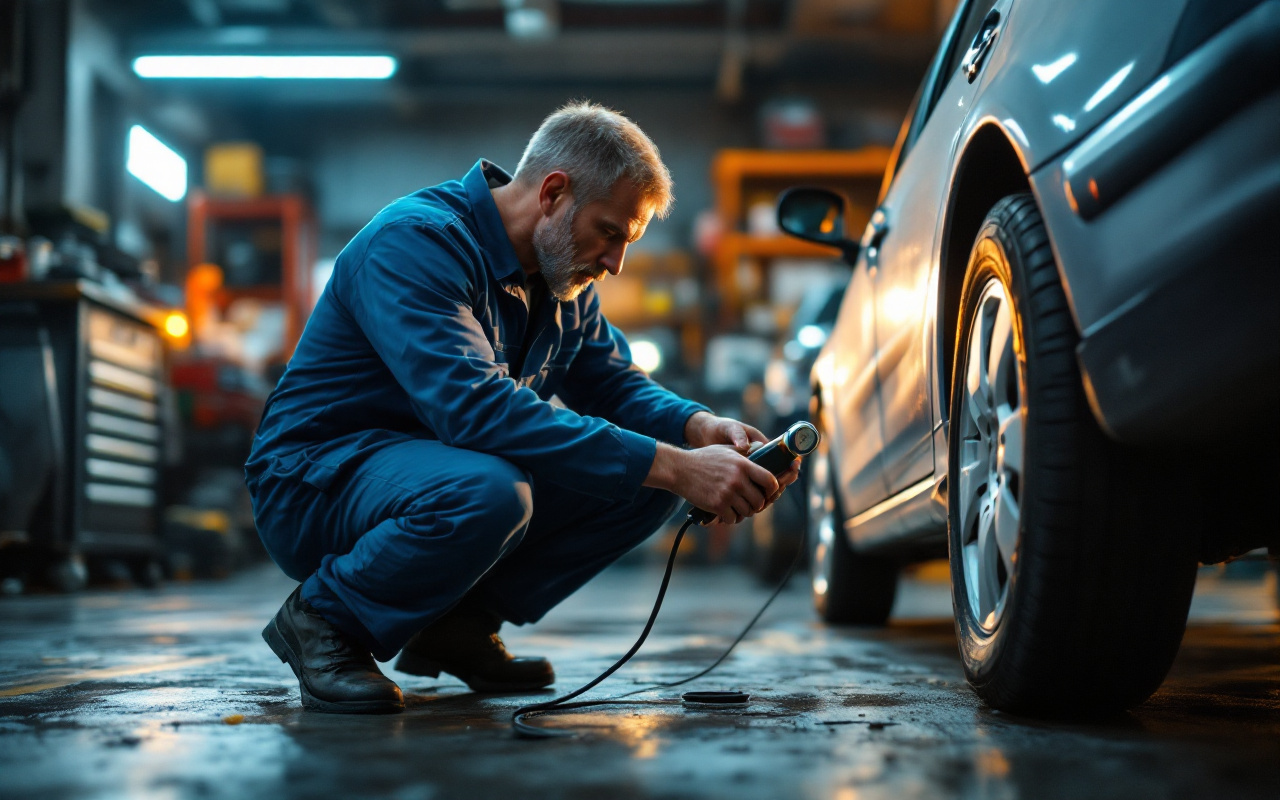 Un mécanicien en combinaison bleue vérifie la pression d'un pneu sur une voiture d'occasion dans un garage, accroupi avec un manomètre, sol froissé et gras, armoires et outils en arrière-plan, lumière chaude de coucher de soleil mêlée à des néons.