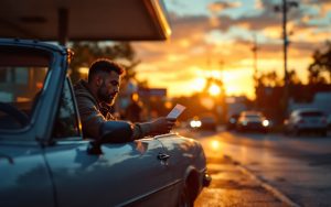 Voiture d'occasion à une station-service, le conducteur regarde le reçu de carburant, lumière de coucher de soleil orangée contrastant avec reflets bleutés, ambiance réaliste et naturelle, détails d'usure visibles sur le véhicule et la pompe