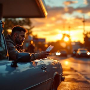 Voiture d'occasion à une station-service, le conducteur regarde le reçu de carburant, lumière de coucher de soleil orangée contrastant avec reflets bleutés, ambiance réaliste et naturelle, détails d'usure visibles sur le véhicule et la pompe