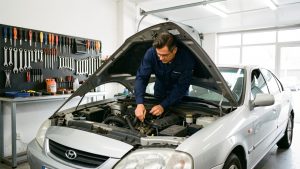 Un mécanicien inspecte le moteur d’une voiture d’occasion au capot ouvert dans un garage lumineux où les outils sont soigneusement rangés.