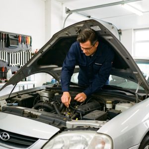 Un mécanicien inspecte le moteur d’une voiture d’occasion au capot ouvert dans un garage lumineux où les outils sont soigneusement rangés.