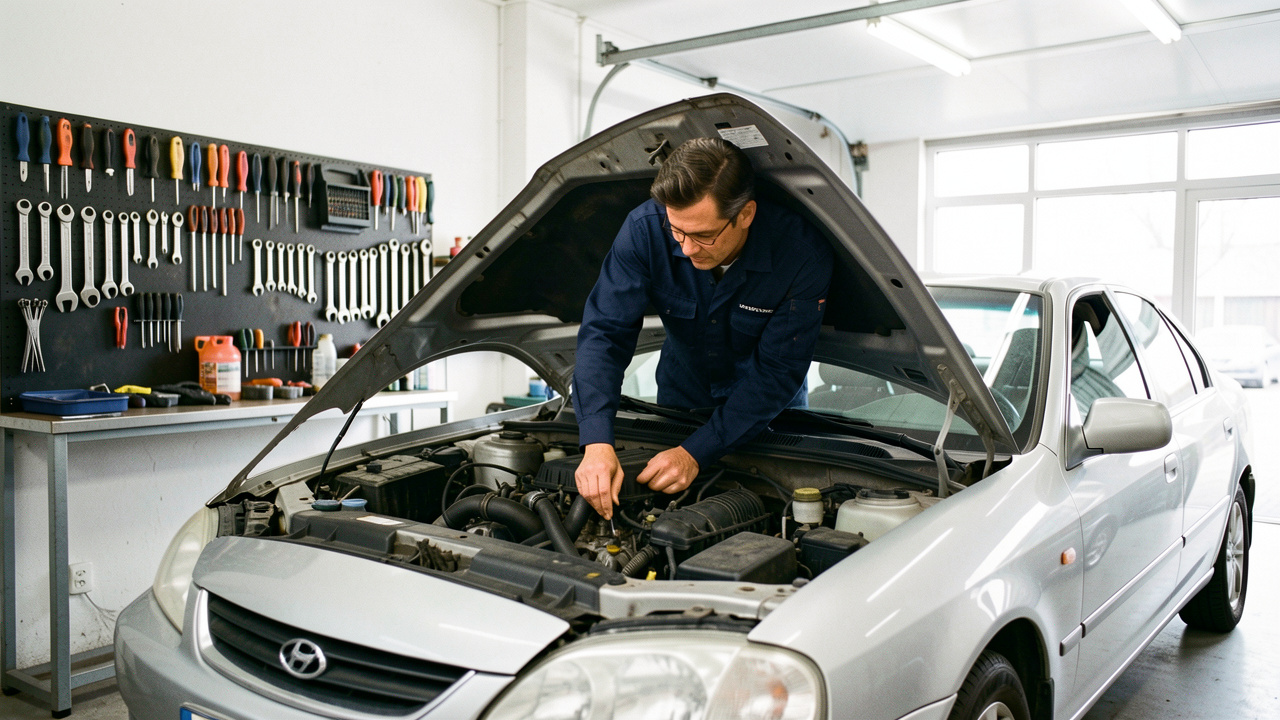 Un mécanicien inspecte le moteur d’une voiture d’occasion au capot ouvert dans un garage lumineux où les outils sont soigneusement rangés.