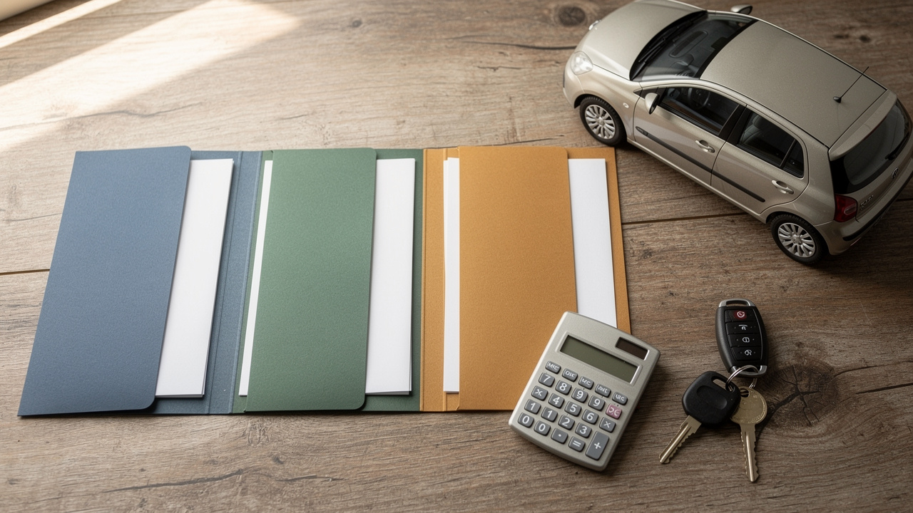 Composition photographique réaliste montrant trois dossiers d’assurance automobile distincts, des documents vierges, des clés de voiture et une calculatrice près d’une ancienne voiture compacte européenne.