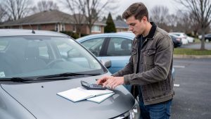 Jeune conducteur debout devant sa voiture, avec une calculatrice et un carnet de budget vierge posés sur le capot.