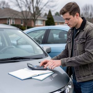 Jeune conducteur debout devant sa voiture, avec une calculatrice et un carnet de budget vierge posés sur le capot.