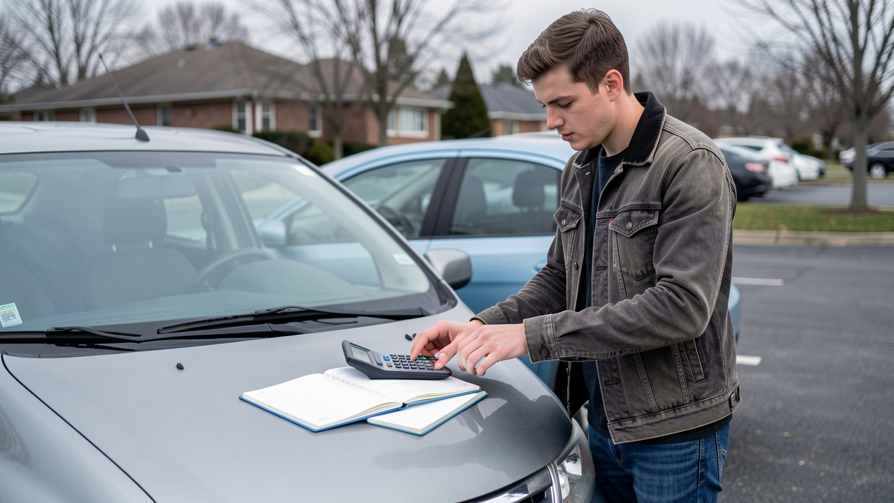Jeune conducteur debout devant sa voiture, avec une calculatrice et un carnet de budget vierge posés sur le capot.