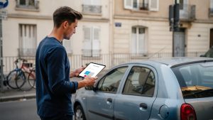 Jeune conducteur consultant une tablette devant une petite citadine d’occasion dans une rue résidentielle française.
