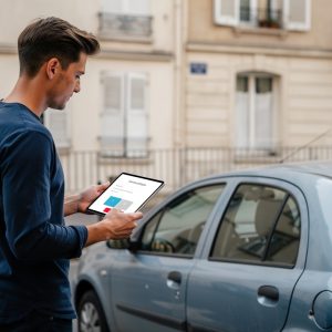Jeune conducteur consultant une tablette devant une petite citadine d’occasion dans une rue résidentielle française.