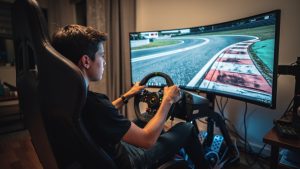 Un jeune pilote débutant conduit un simulateur de course dans un cockpit réaliste, avec un circuit virtuel et une trajectoire idéale lumineuse visible sur la piste.