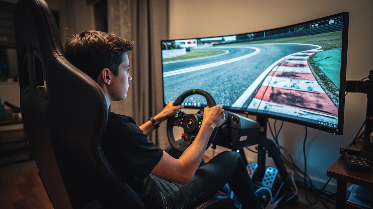 Un jeune pilote débutant conduit un simulateur de course dans un cockpit réaliste, avec un circuit virtuel et une trajectoire idéale lumineuse visible sur la piste.