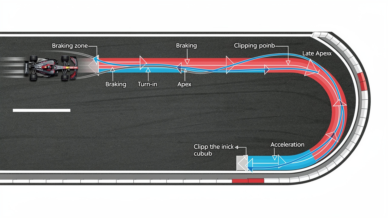 Illustration vue du dessus d'un virage de circuit avec une voiture de course, une zone de freinage, un apex tardif, un point de corde et une trajectoire de sortie indiqués par des repères graphiques colorés.
