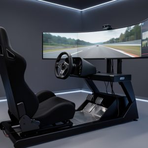 Cockpit moderne de sim racing avec volant, pédalier métallique, siège baquet noir et écran ultralarge dans une pièce sobre et élégante.