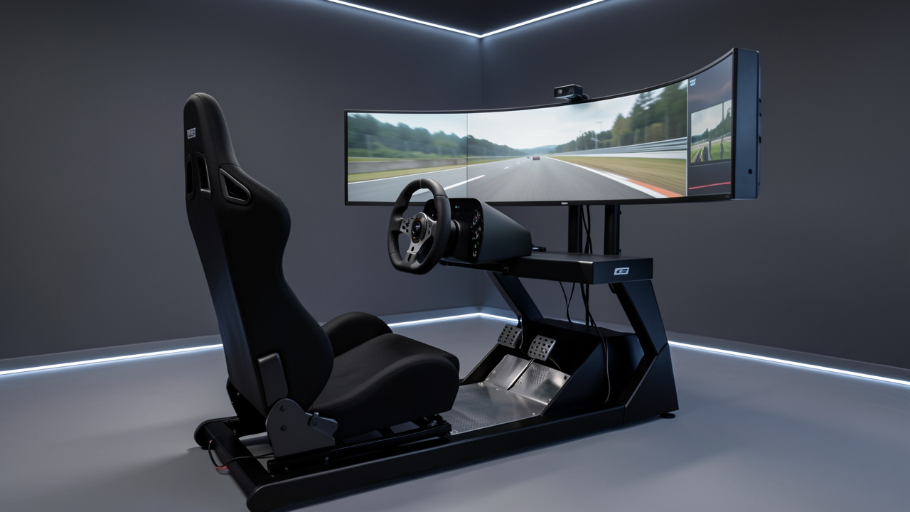 Cockpit moderne de sim racing avec volant, pédalier métallique, siège baquet noir et écran ultralarge dans une pièce sobre et élégante.