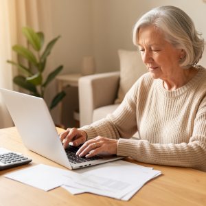 Une retraitée travaille à domicile sur un ordinateur portable, avec des documents financiers vierges et une calculatrice posés sur une table lumineuse.