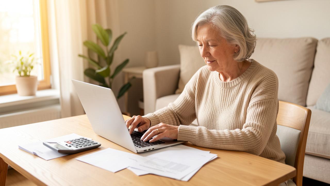 Une retraitée travaille à domicile sur un ordinateur portable, avec des documents financiers vierges et une calculatrice posés sur une table lumineuse.