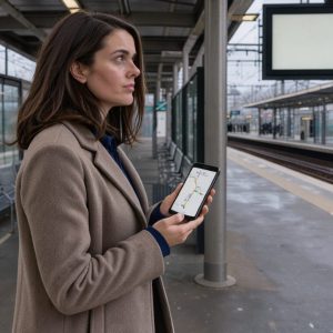 Une jeune voyageuse consulte son téléphone devant un panneau d’information ferroviaire dans une gare française à l’ambiance urbaine.