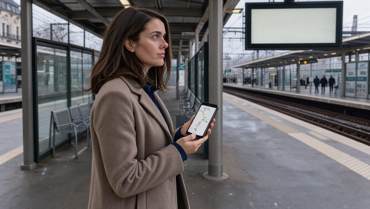 Une jeune voyageuse consulte son téléphone devant un panneau d’information ferroviaire dans une gare française à l’ambiance urbaine.